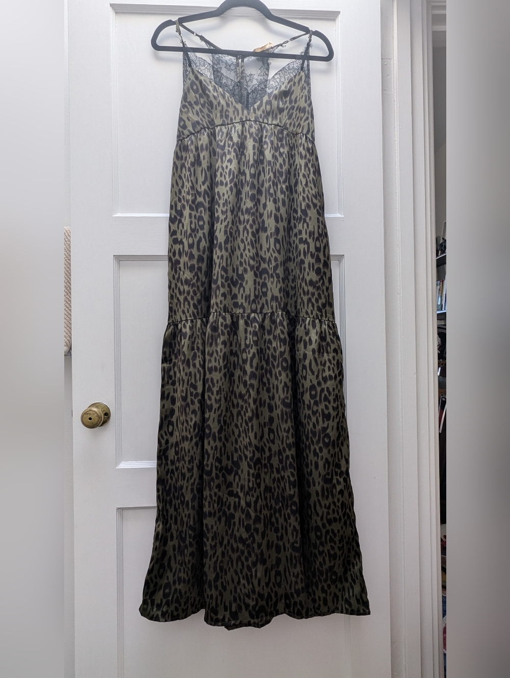 lovestitch Olive and Black Leopard Tiered Maxi Skirt